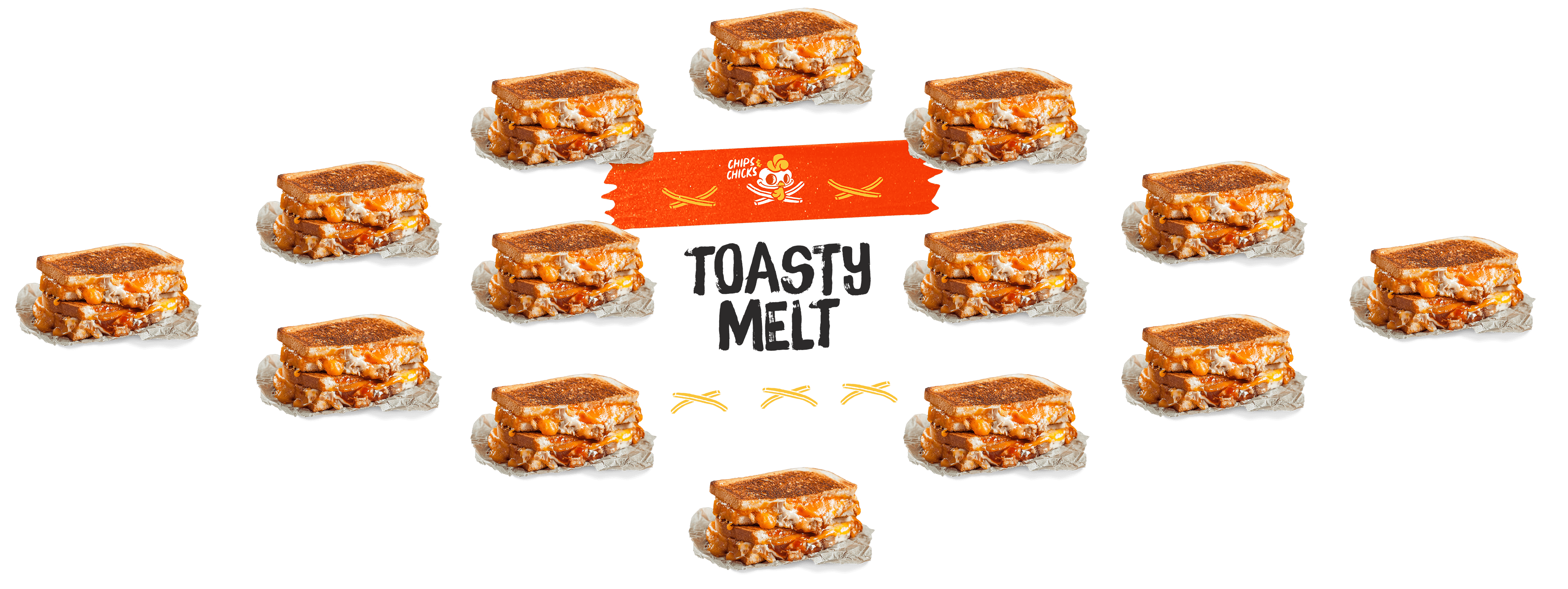 Chips & Chicks Toasty Melt promotional banner — grilled cheese chicken sandwiches arranged in a circle around bold typography with logo on red tape and crossed fries — F&B menu design and food photography by Makers' Studio
