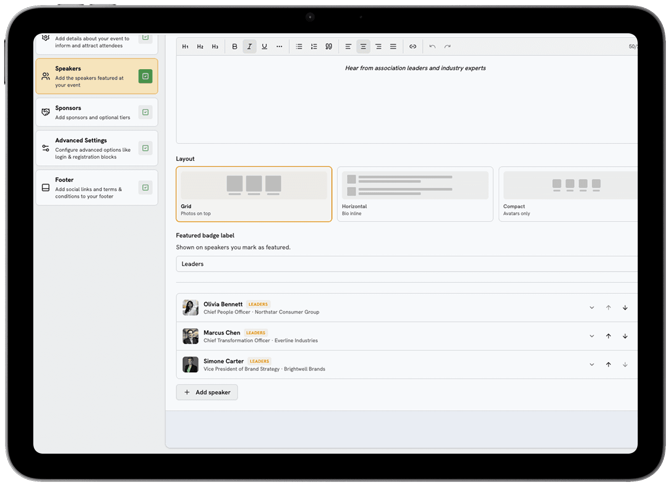 Easy setup showing how to add speakers to the landing page