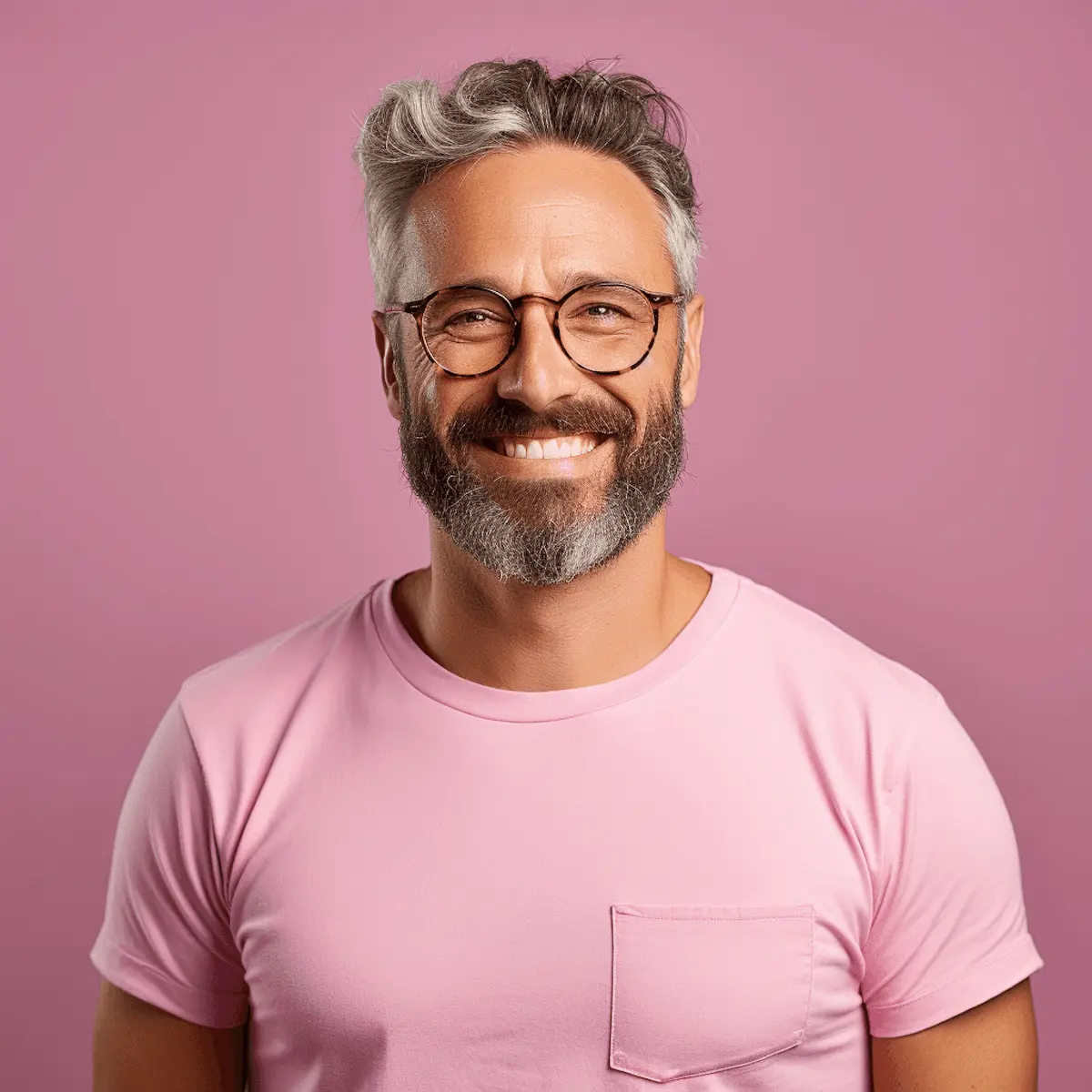 Gay man smiling against a pink background