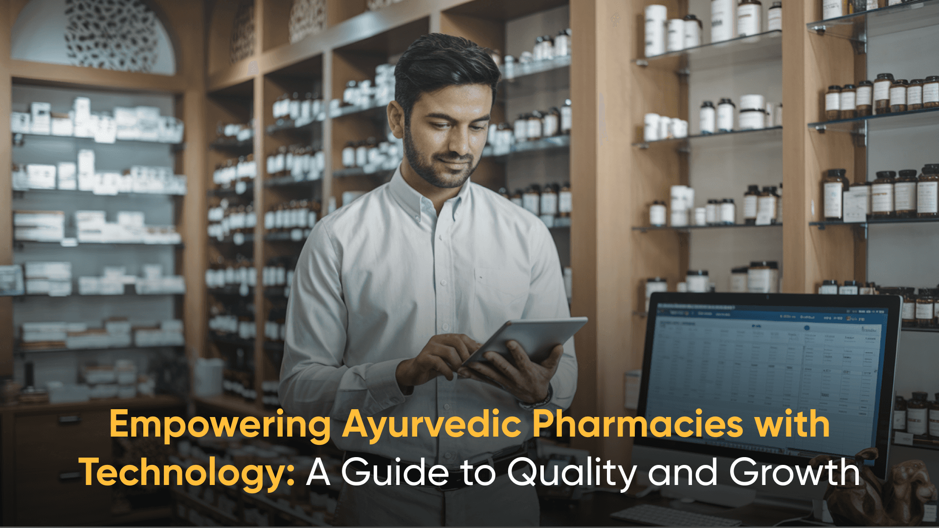 Ayurvedic pharmacist using a tablet in a modern pharmacy with shelves of herbal products, symbolizing digital transformation in Ayurvedic pharmacy management.