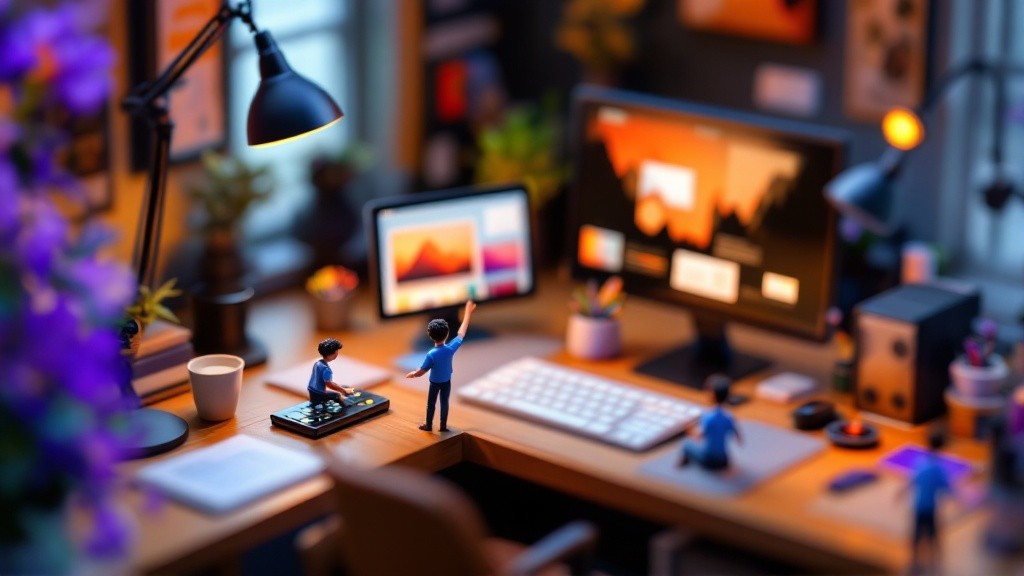 Miniature designers building a polished animated website inside a tiny Framer workspace
