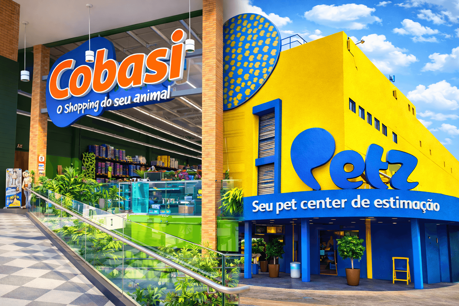 Ilustração 3D estilizada comparando as fachadas das lojas pet Cobasi e Petz, com cores vibrantes, texturas detalhadas e ambiente moderno de varejo para produtos pet.