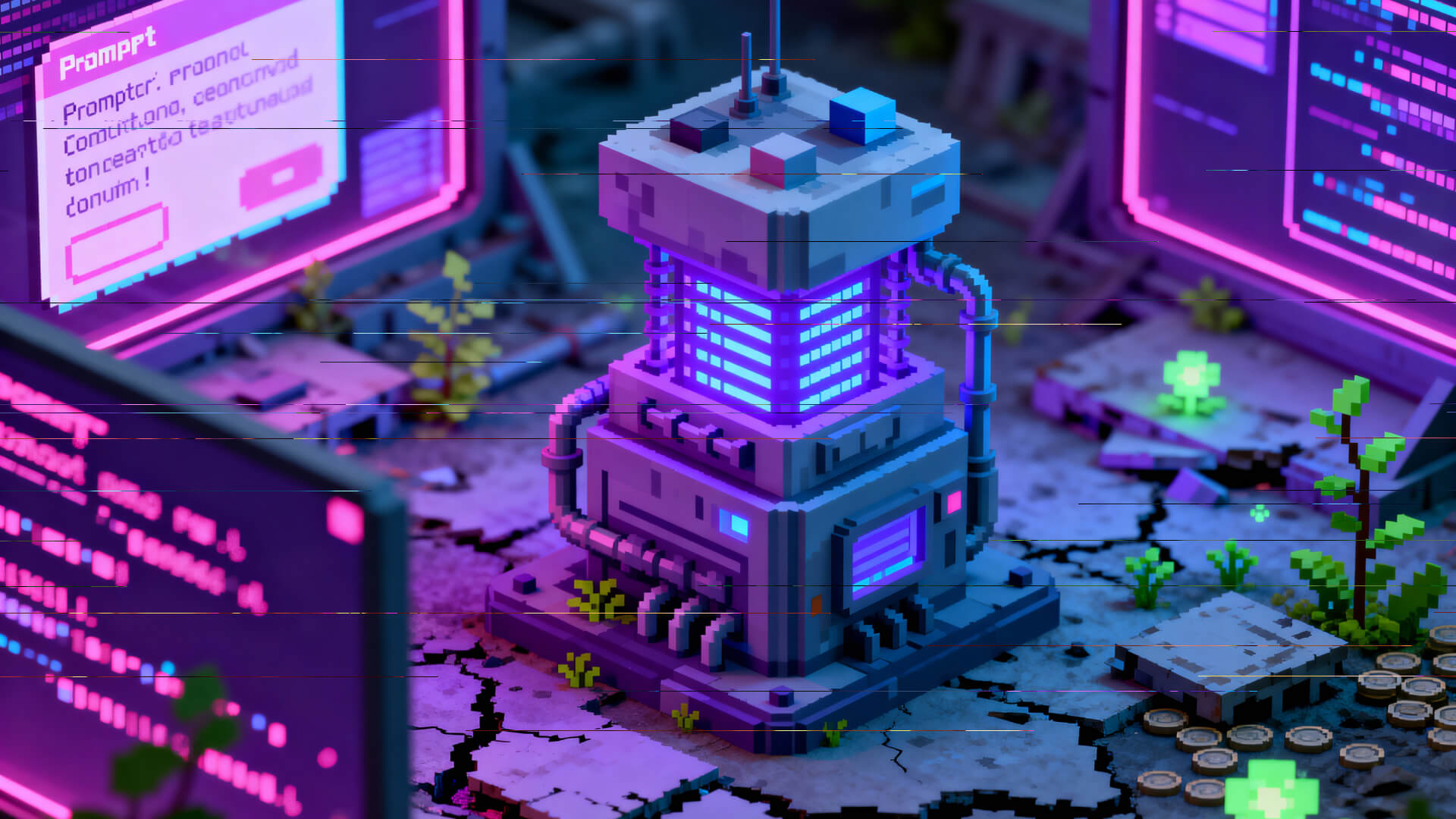 Pixel-art sci-fi scene showing a clean, structured state machine standing intact amid cracked terrain, surrounded by glowing oversized context windows and broken prompt screens—symbolizing the shift from brittle context stuffing to durable state management.
