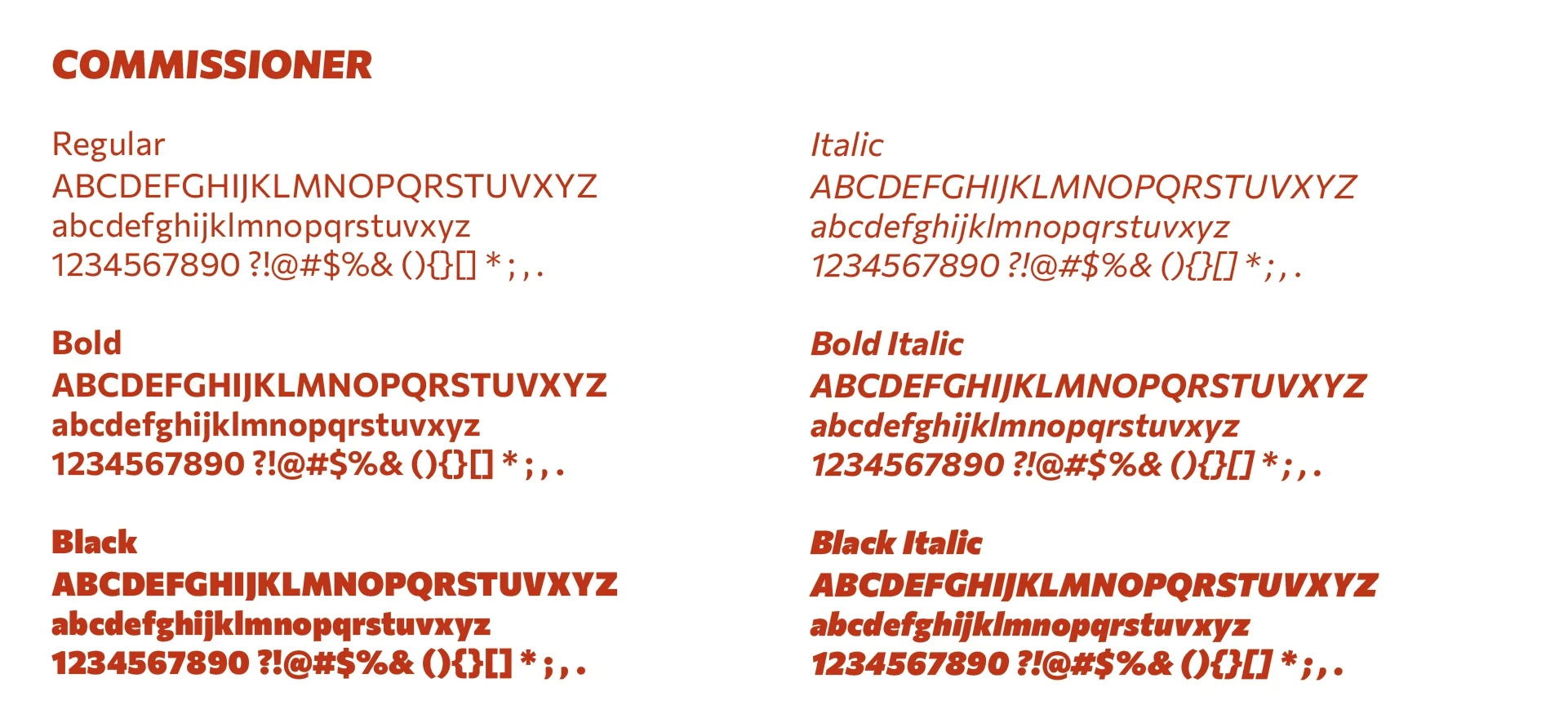 Commissioner type specimen showing regular, bold and black weights and their italic versions, with uppercase and lowercase letters, numbers and punctuation in red on white.