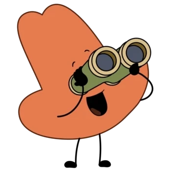 Orange blob-shaped cartoon character smiling while looking through binoculars
