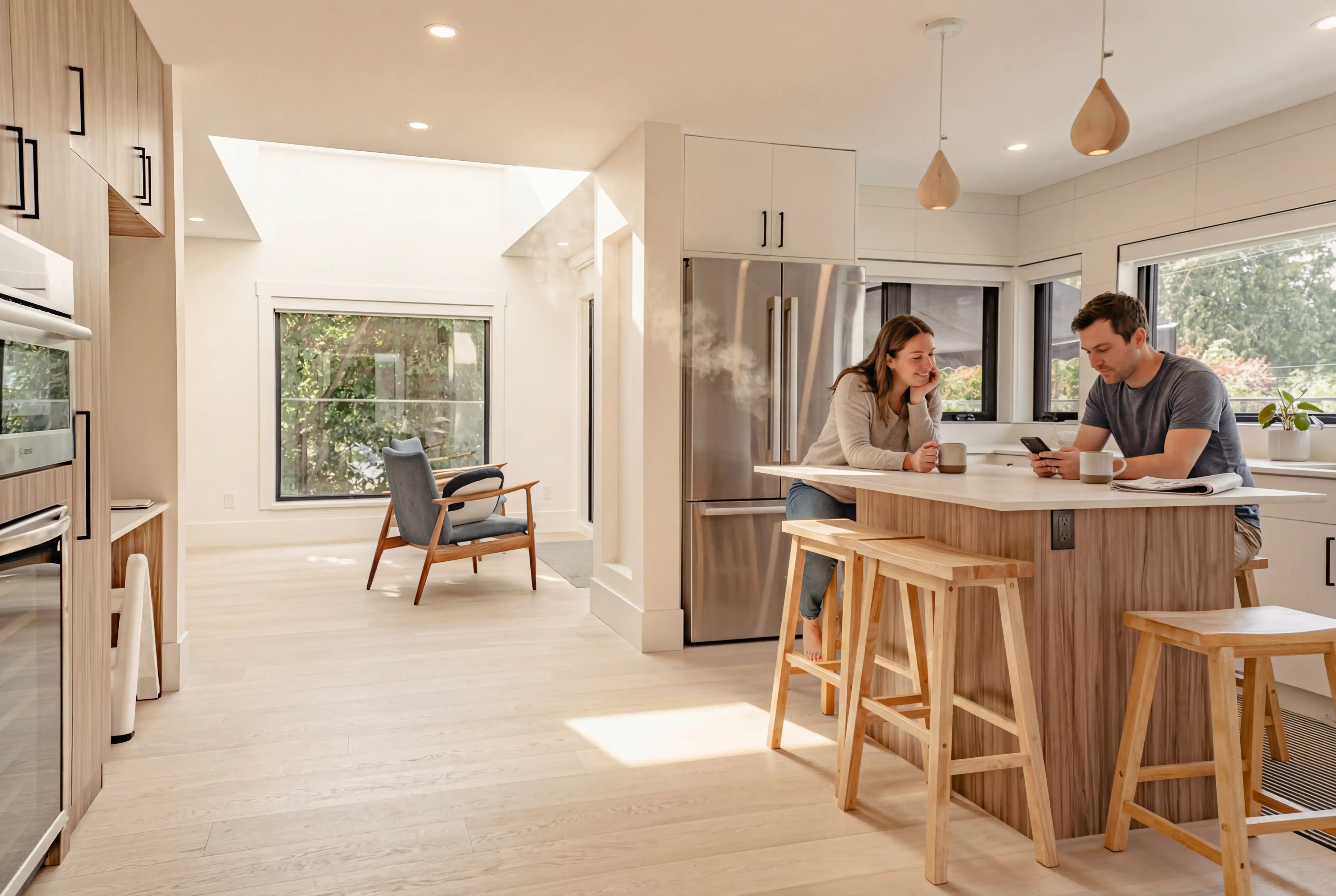 Couple enjoying their finished custom home kitchen and open living space in Vancouver with natural light