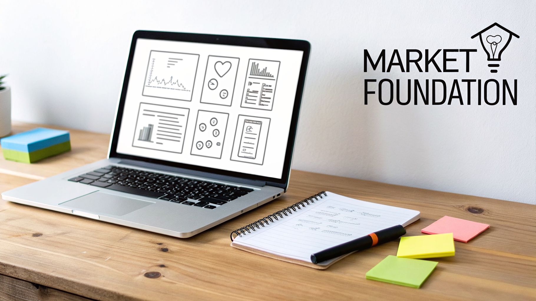 A laptop displays marketing data and charts on a wooden desk with a notebook, pen, and sticky notes.
