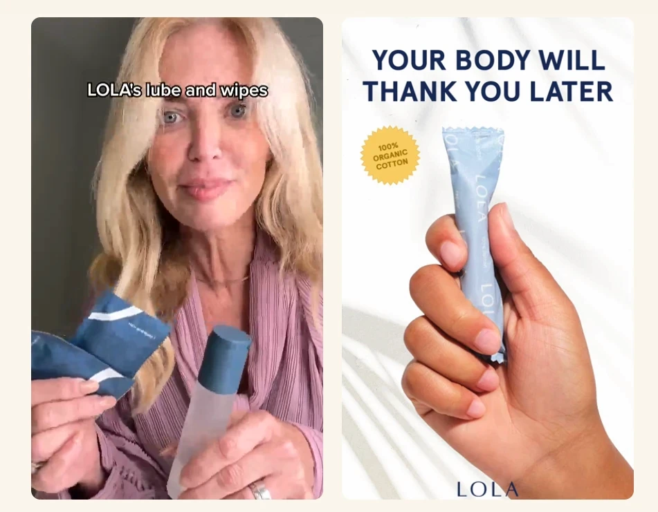 A side-by-side comparison of two LOLA Meta ad creatives. On the left, a vertical UGC-style video still shows a smiling woman with long blonde hair in a pink blouse holding LOLA's lube and wipes up to camera, with the on-screen caption "LOLA's lube and wipes." On the right, a polished static ad shows a hand holding a LOLA organic cotton tampon against a soft white backdrop, with the headline "YOUR BODY WILL THANK YOU LATER" and a gold "100% ORGANIC COTTON" badge. The pairing shows creator-led trust signals and studio product work running together as one Reels-first creative mix.