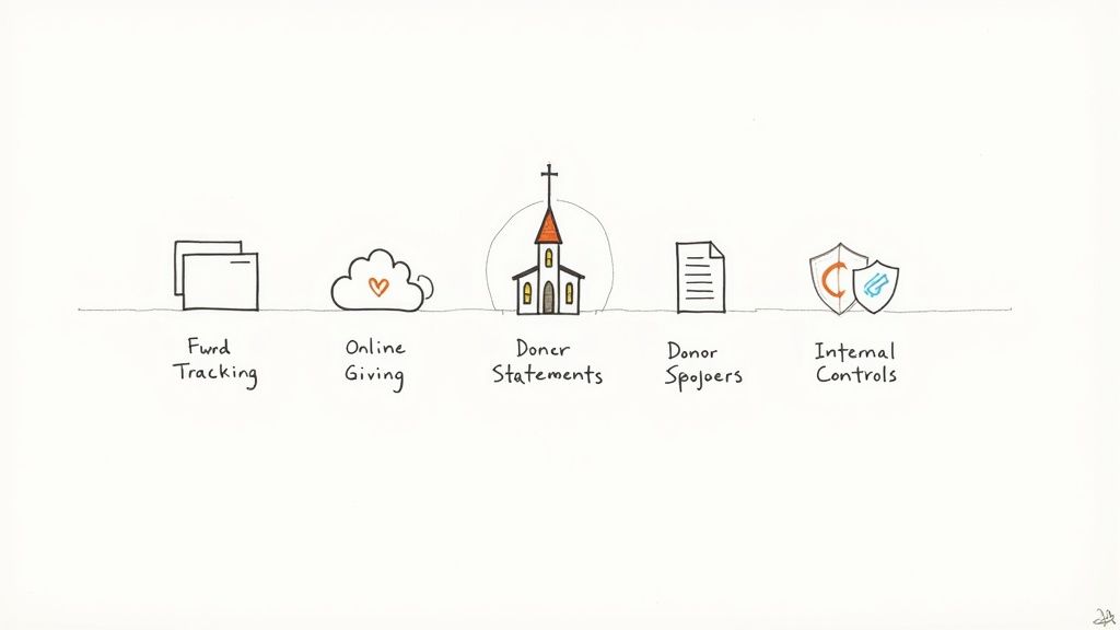 Five church accounting software features illustrated with icons: fund tracking, online giving, donor statements, spokeers, and internal controls