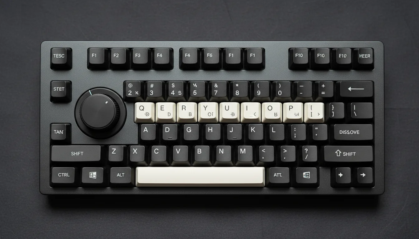 Macro DSLR photograph of a DaVinci Resolve Speed Editor keyboard, captured from a top-down angle. The keyboard features a dark grey, textured metallic chassis with matte dark grey and off-white plastic keycaps. The composition is set against a dark, subtly textured background. The scene is illuminated by soft studio lighting, which creates gentle highlights on the key edges and accentuates the granular texture of the keyboard's surface. The focus is tack-sharp across the visible keys and chassis, emphasizing the professional build quality.