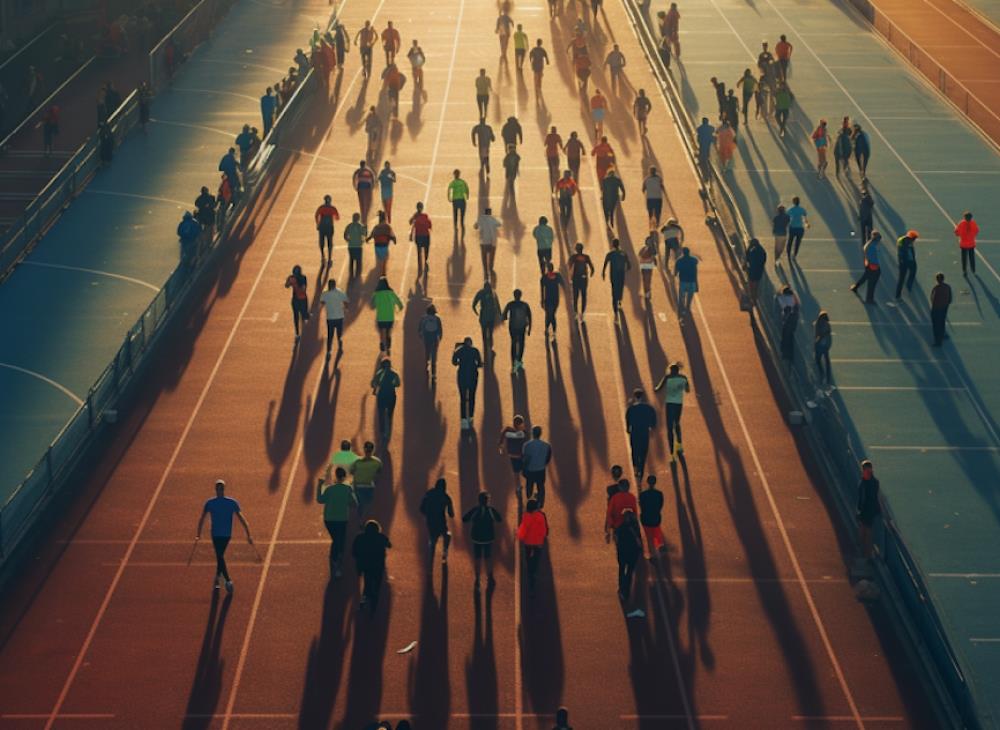 Aerial view of a crowd jogging on a track, casting long shadows in the warm glow of sunset. The scene conveys energy and movement in a communal setting.