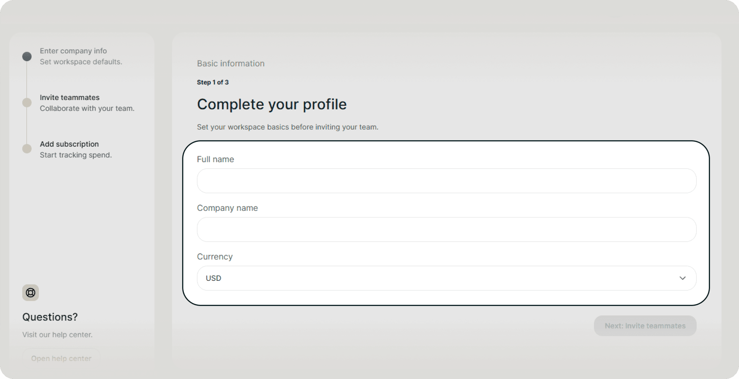 Subsight onboarding screen with profile setup fields including name, company, and currency selection.