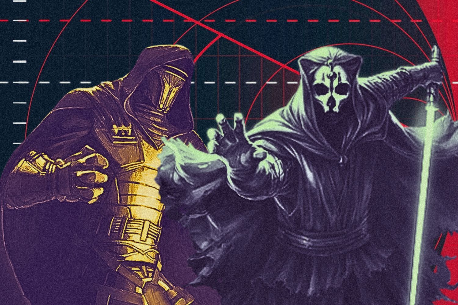 Darth Revan and Darth Nihilus standing next to each other with yellow and green tints over them. They are in front of a black and red geometric background.