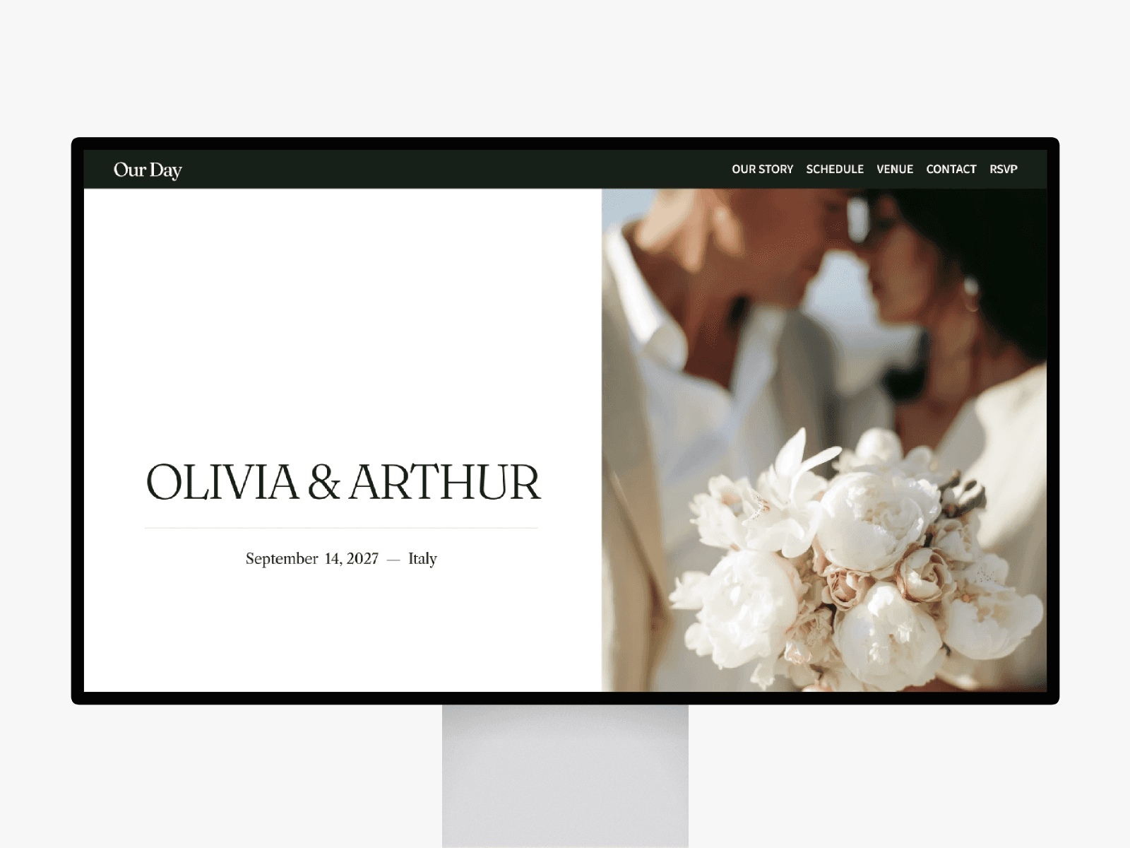 Our Day editorial wedding Framer template thumbnail with floral wedding hero design on desktop screen
