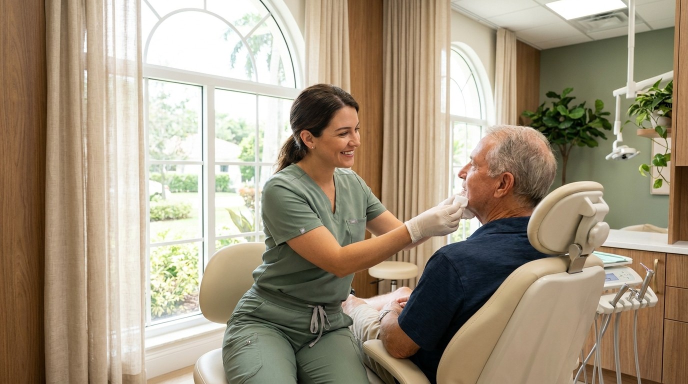 Dentist gently examining a patient's jaw after a tooth extraction in a Palm Beach Gardens dental office