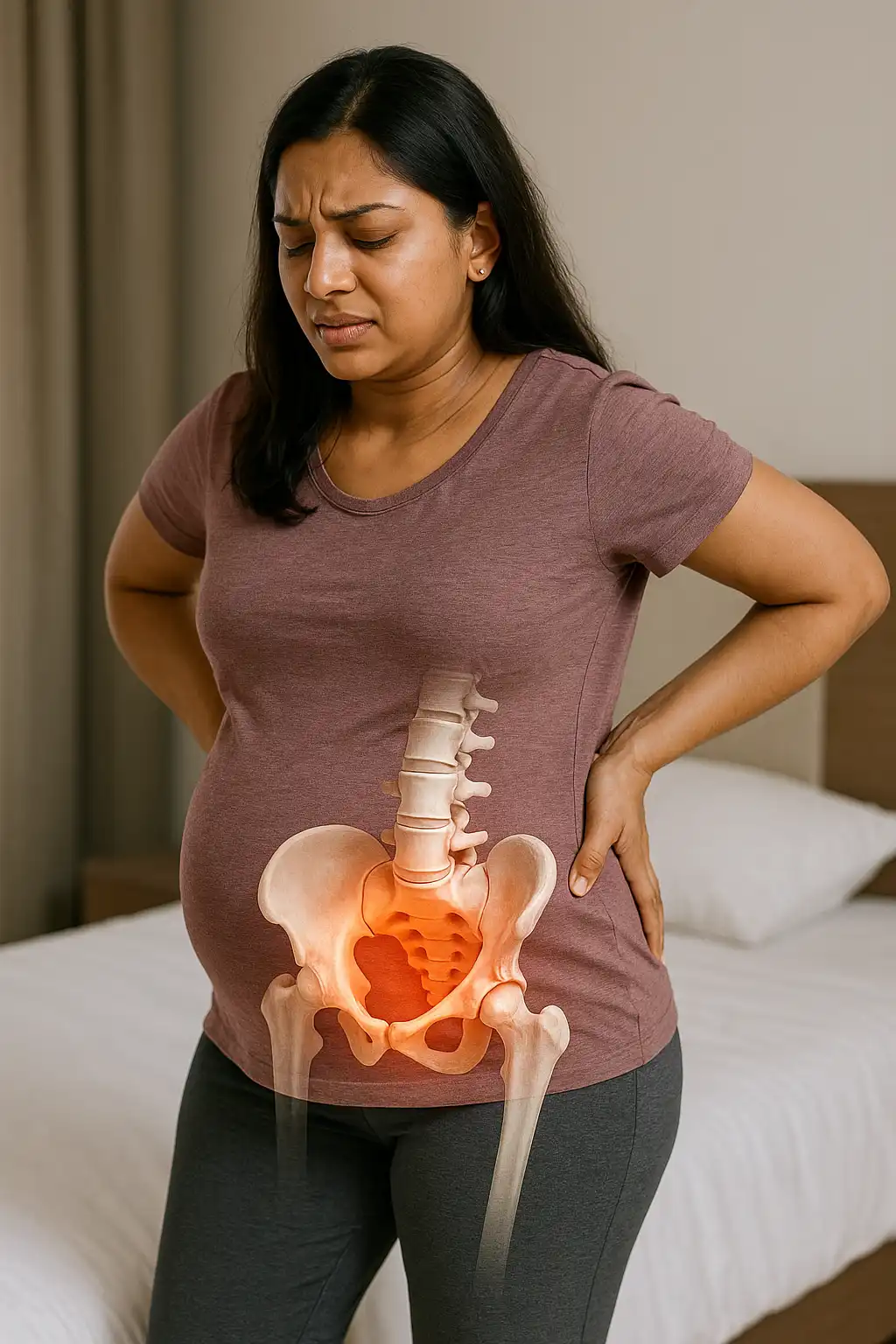 A pregnant woman holding her lower back in pain, with an illustrated glowing pelvis and spine overlay highlighting prenatal pelvic and back discomfort.