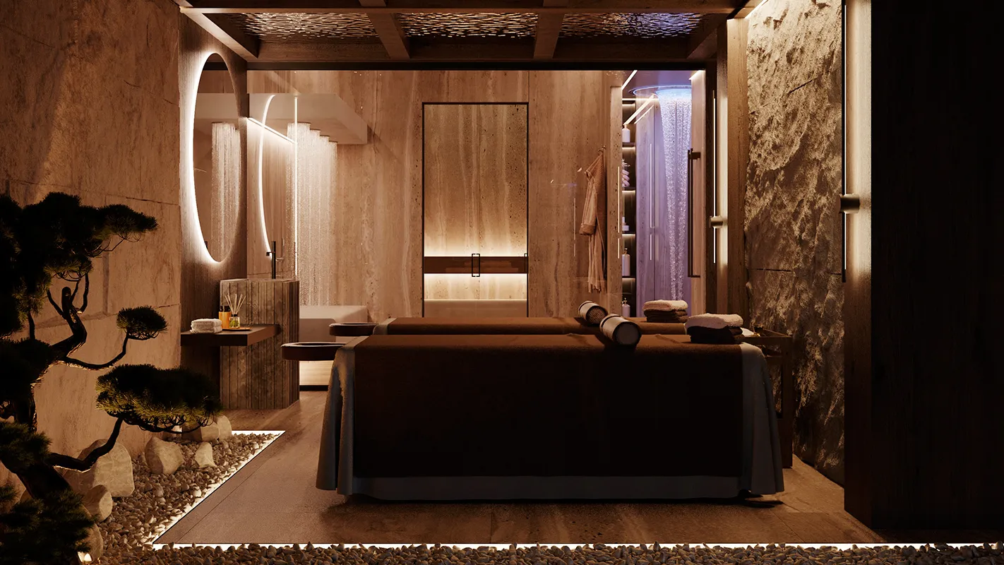 Peakside Chalets Cyprus spa treatment room with massage bed, warm timber walls, and ambient lighting