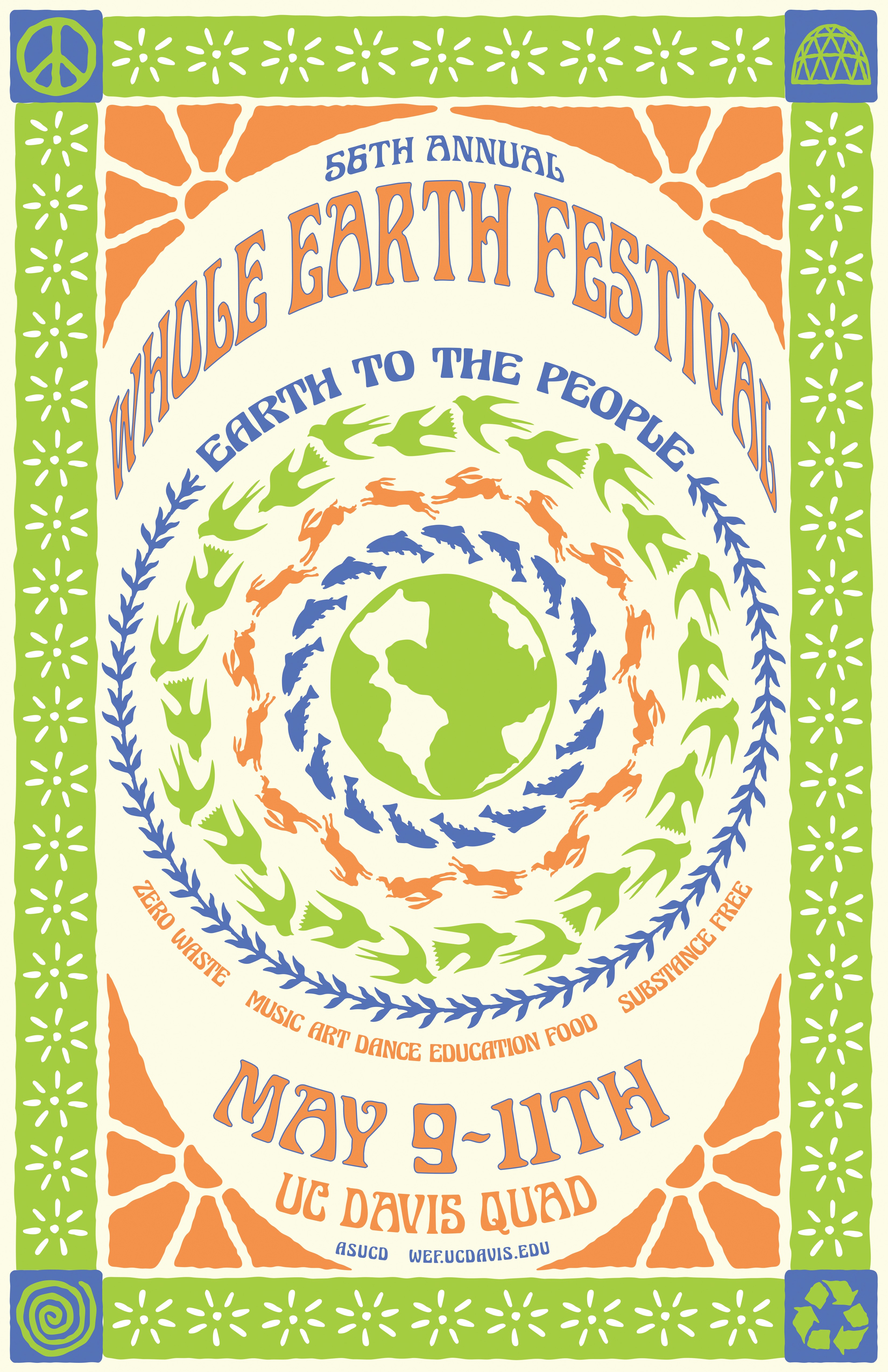 Poster for Whole Earth Festival. Showing festival details with visual elements of a decorative floral border, and earth in the center, surrounded by circling animals. Color: Blue, Orange, Green