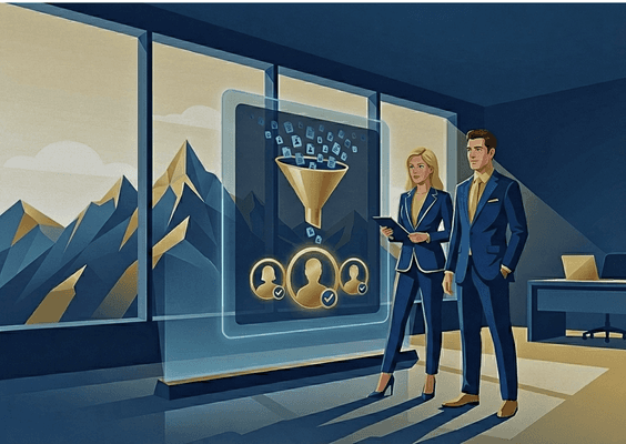 Two corporate professionals interacting with a digital talent funnel holographic screen showing the top 1 percent, with mountains in the background - Andes Talent