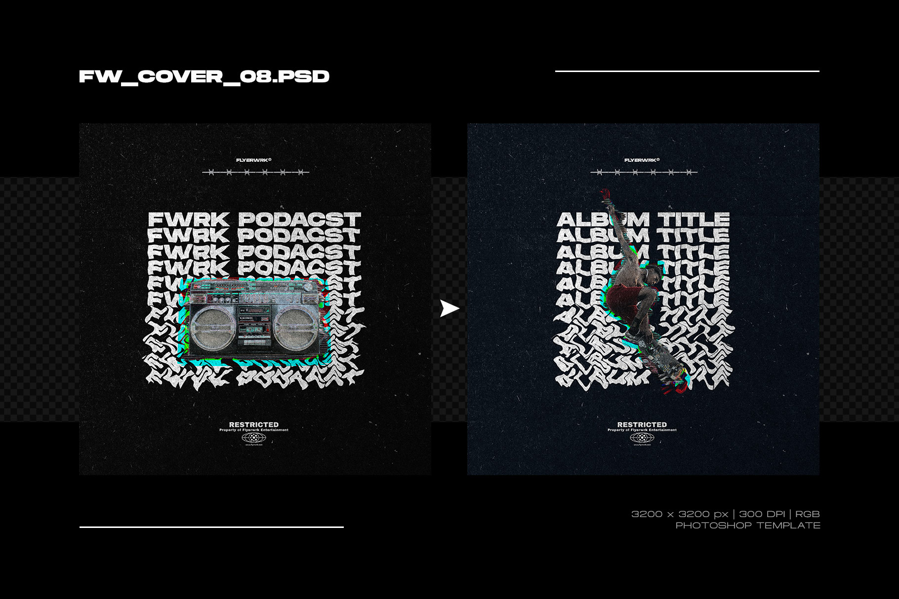 Podcast and mixtape cover design template featuring a retro boombox and distorted wave text