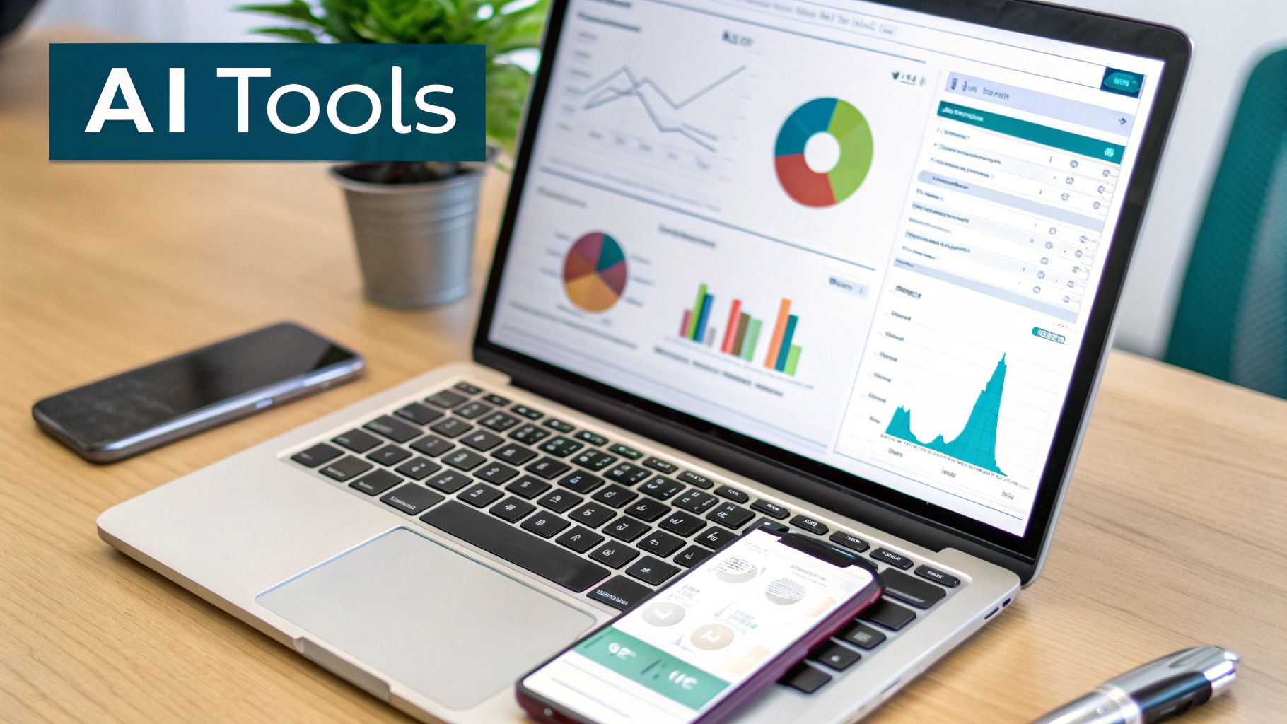 A laptop displays data visualizations and graphs, with two smartphones on a desk. A text overlay reads 'AI Tools'.