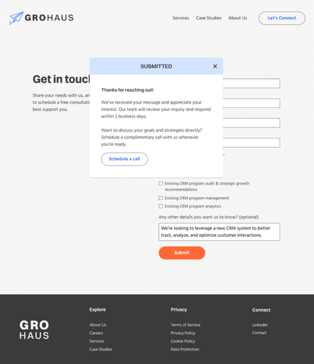 Screenshot of the original GROHAUS contact form, featuring two ways to contact the agency - including scheduling a call with the agency directly.