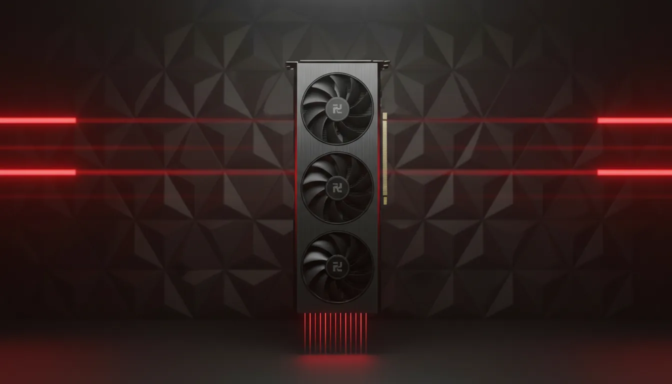 3D render product visualization of a modern, vertically oriented triple-fan Radeon graphics card with a matte black and dark gray metal finish, floating in a dark studio against a textured geometric wall panel. The scene features dramatic, cinematic lighting with a strong red and black color scheme, soft global illumination, and vibrant red light beams streaming horizontally in the background. Thin red light rays emanate from below the graphics card, creating a high-tech, moody aesthetic. Blender style, sharp focus.