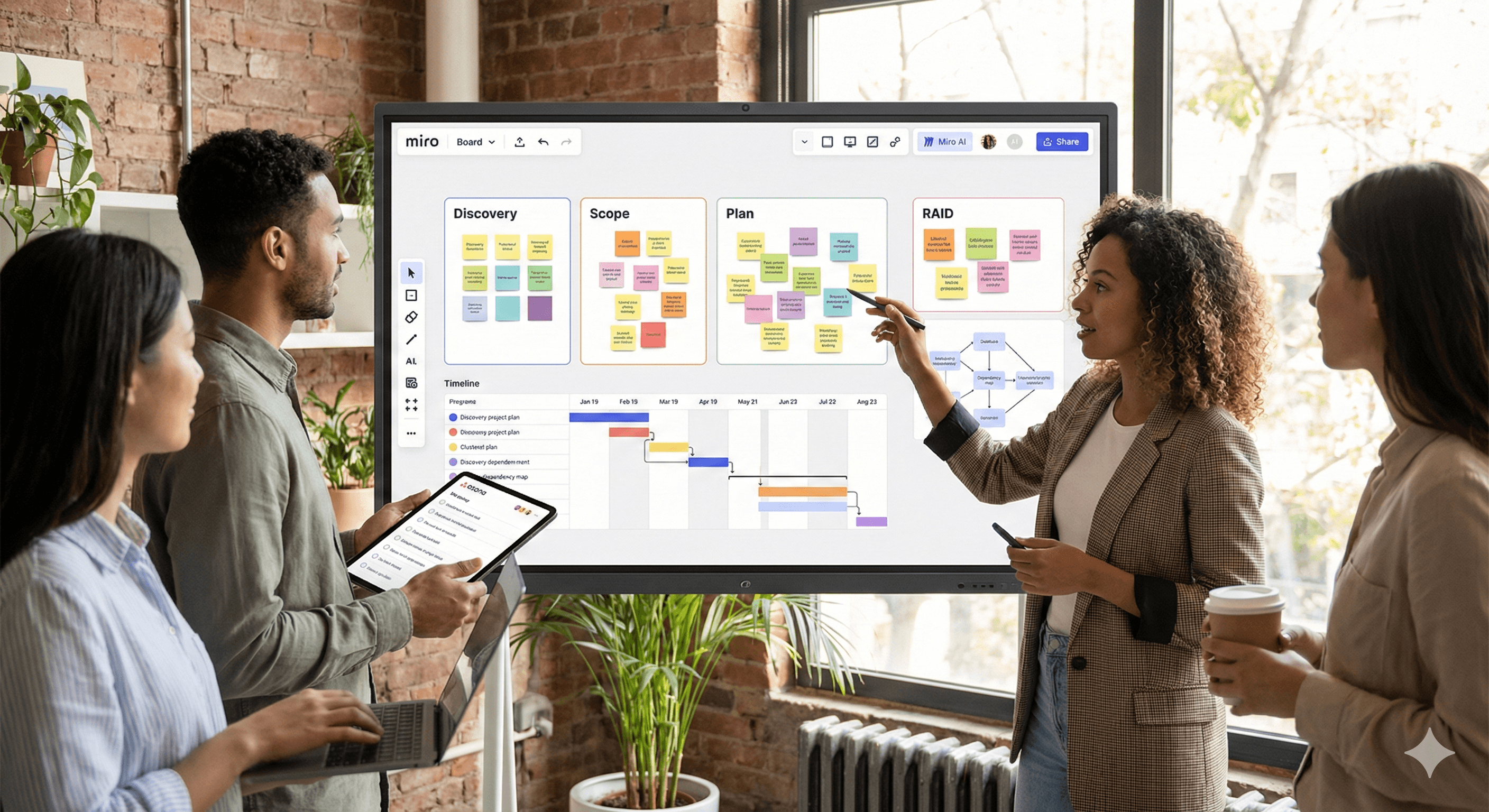 Team members engage in a project planning session using Miro's intelligent canvas, featuring sticky notes and a timeline on a digital board, set in a modern, plant-filled workspace.