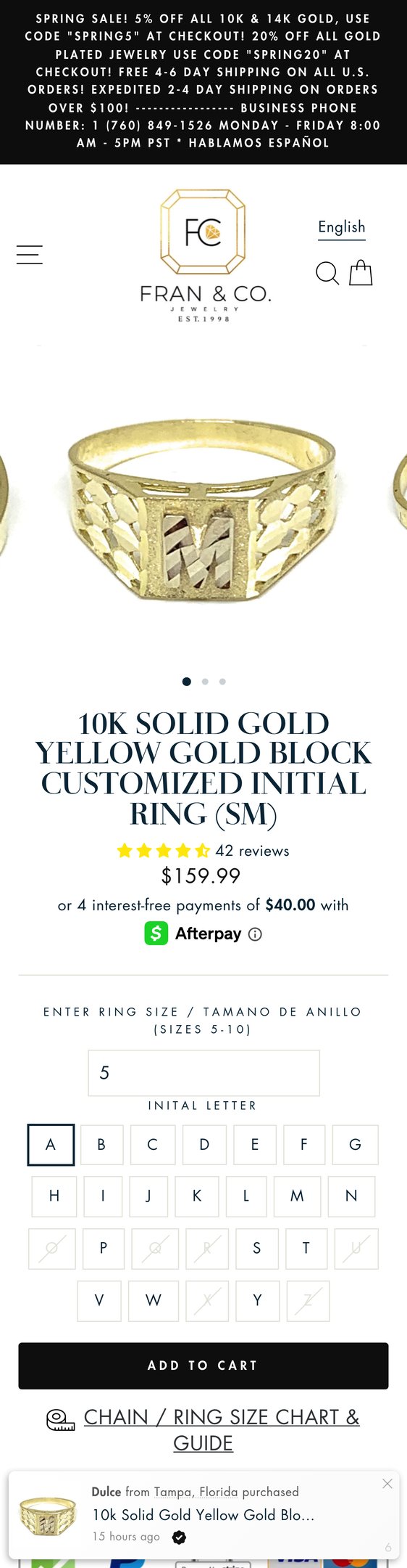 Jewelry product options include: ring for 10k Solid Gold Yellow Gold Block CUSTOMIZED Initial Ring (SM) from Fran & Co. Jewelry Inc..