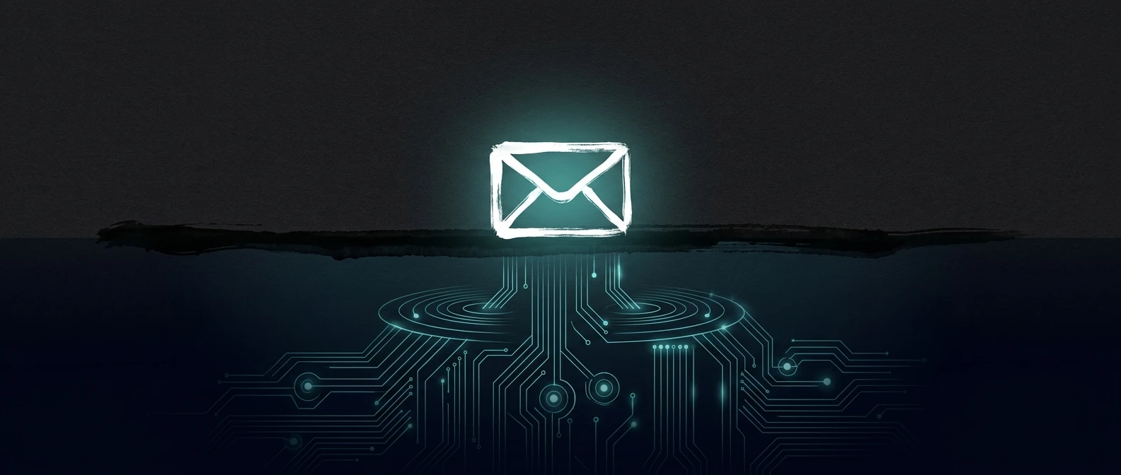 A single glowing email envelope resting at the surface above a vast hidden foundation of teal circuit lines and ripple rings descending into the dark depths to support it, illustrated in Japanese minimalist ink style with teal and blue on a black background, representing why cold outreach deliverability is the hidden foundation B2B inbox placement depends on.