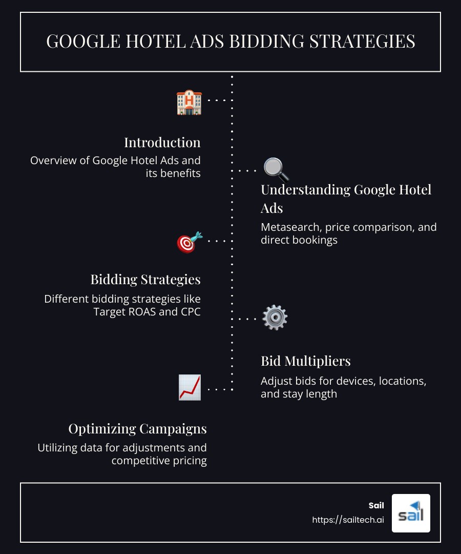 google hotel ads bidding tips - google hotel ads bidding infographic infographic-line-5-steps-dark