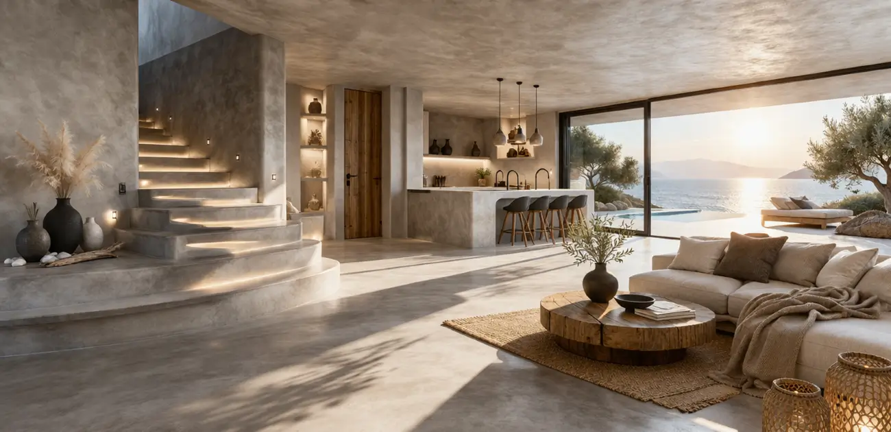 Minimal εσωτερικός χώρος με πατητή τσιμεντοκονία σε δάπεδο και τοίχους σε έργο ανακαίνισης κατοικίας