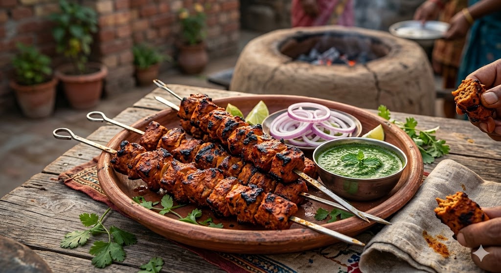 A close-up shot of grilled tandoori soya chaap kababs on skewers, served with mint chutney and onion rings on a rustic terracotta platter, with an outdoor clay oven in the background.