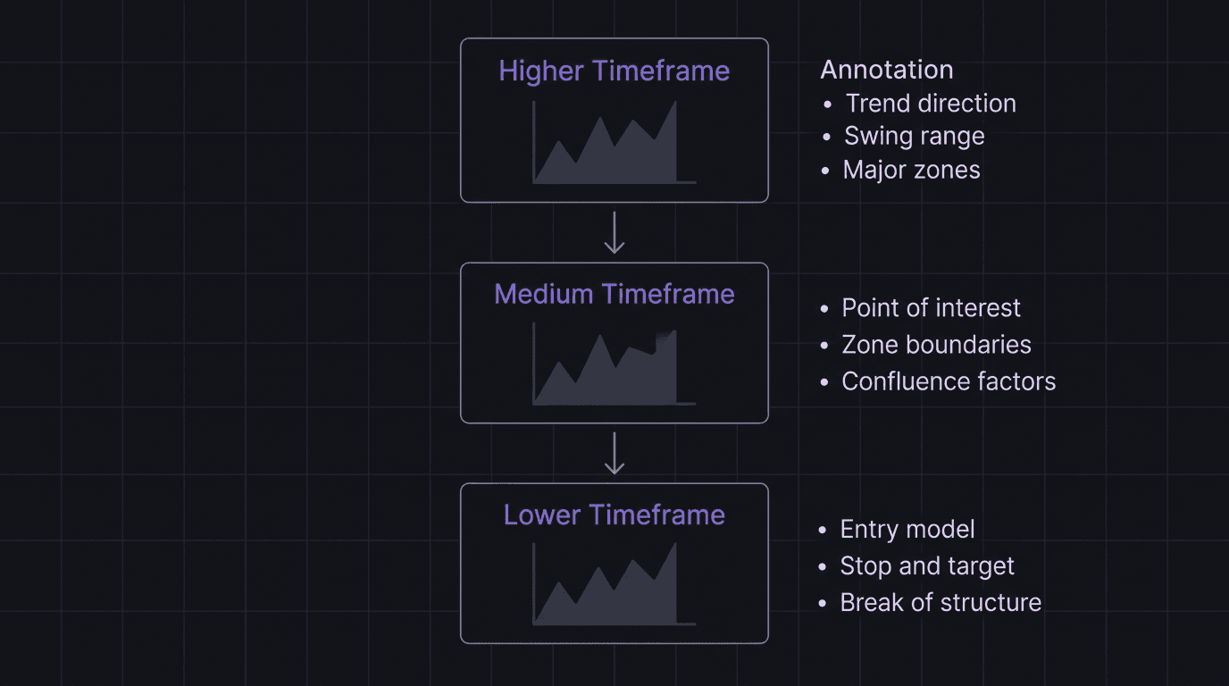 Diagram showing three stacked timeframe screenshots with annotation labels