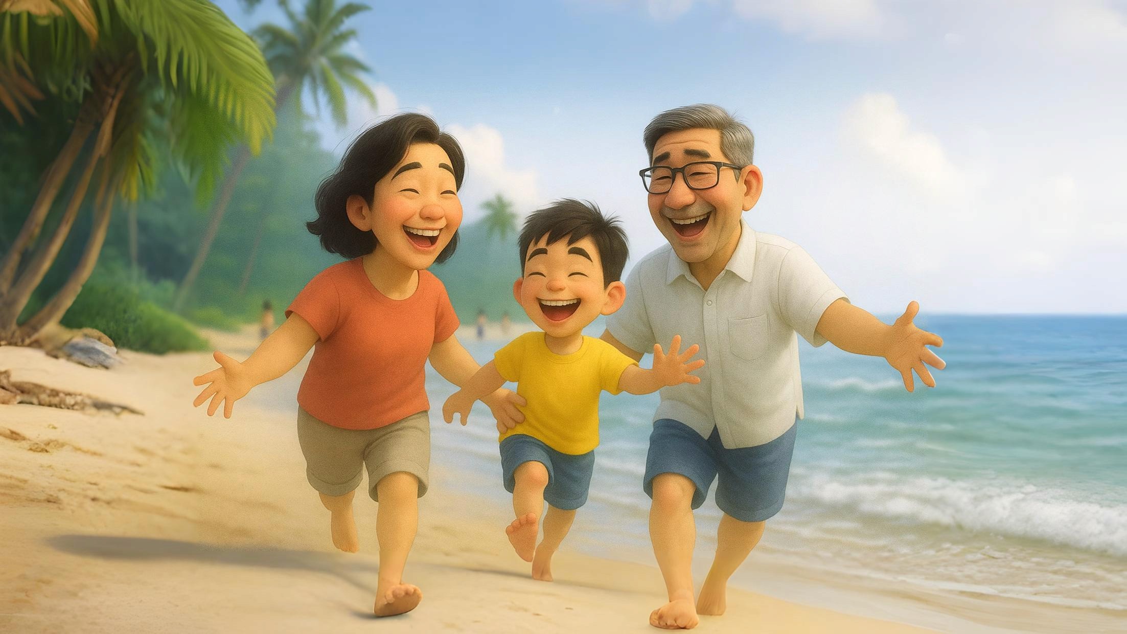 Pixar-style 3D illustration of a happy family enjoying a beach day in Kerala, reflecting Lyxaa’s vision of preventive health, active lifestyle, family wellness, and holistic wellbeing — natural tones, warm light, and calm outdoor atmosphere.