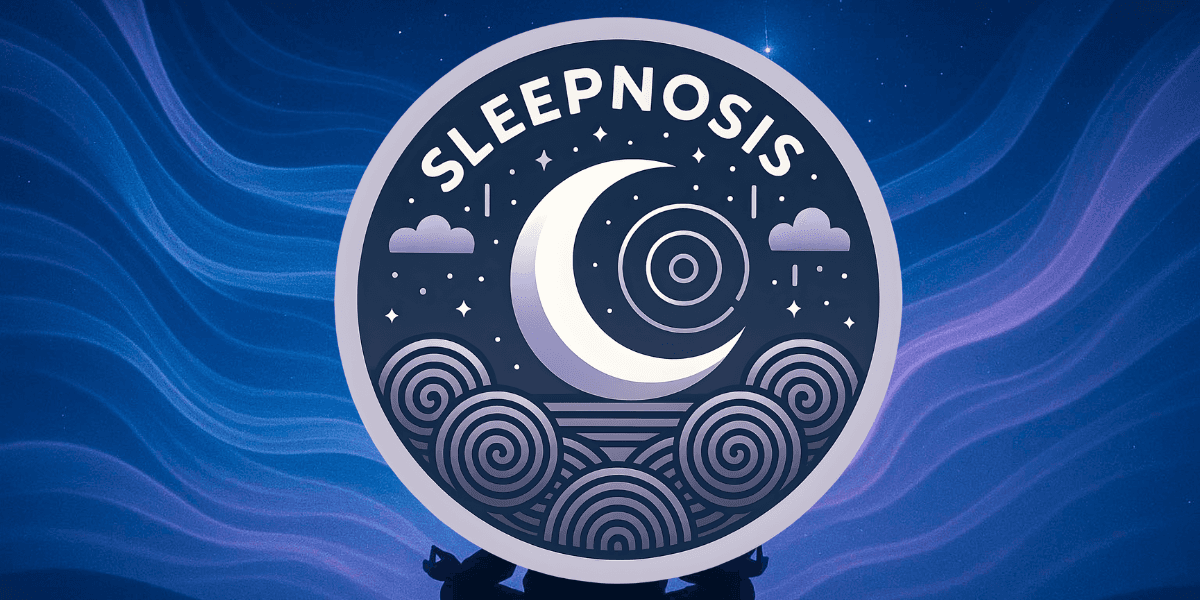 Sleepnosis logo with crescent moon and hypnotic waves symbolizing deep sleep and relaxation through hypnosis.