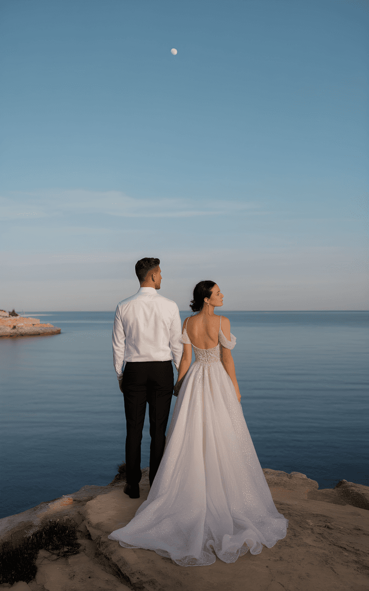 Bride and groom walking hand in hand near the ocean, photographed from behind against a clear blue sky.