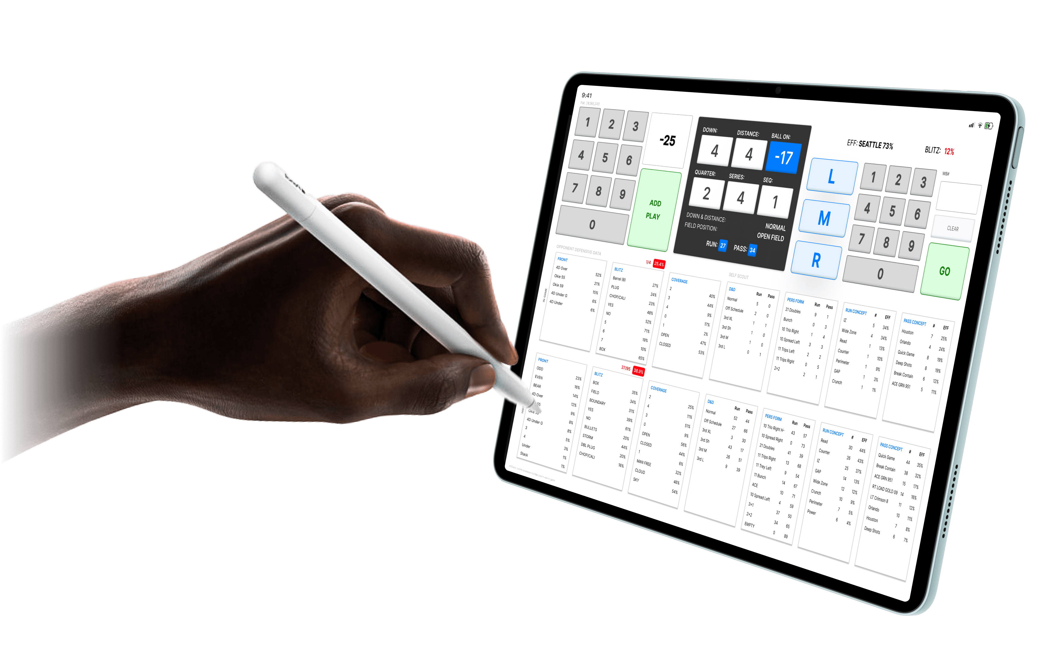 Coach using stylus to tag plays on a tablet — Modern Football's fast, flexible play charting workflow