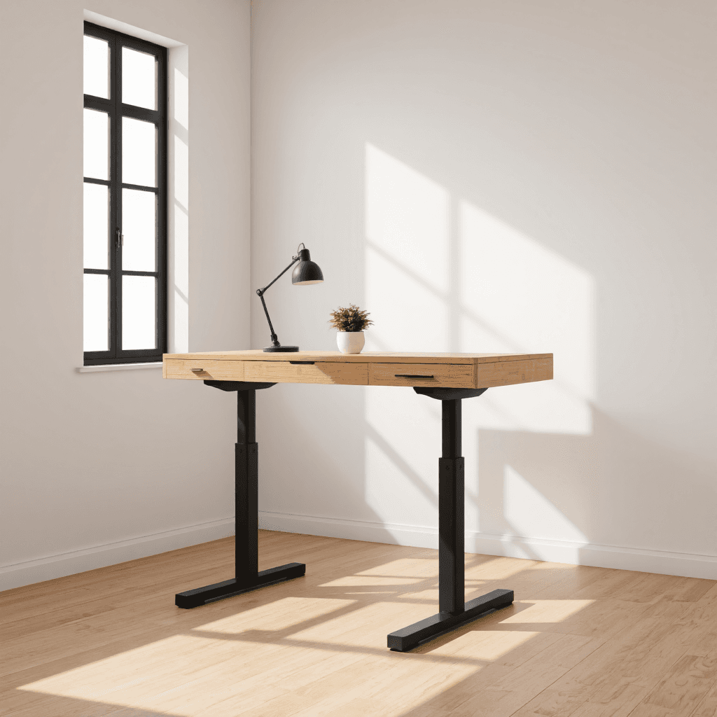 product photography of a desk with an adjustable height feature, suitable for work or study