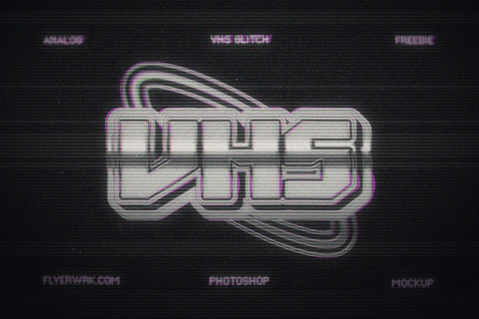 Analog VHS Glitch Mockup featuring a distorted white logo with realistic scanlines and colorful magnetic interference