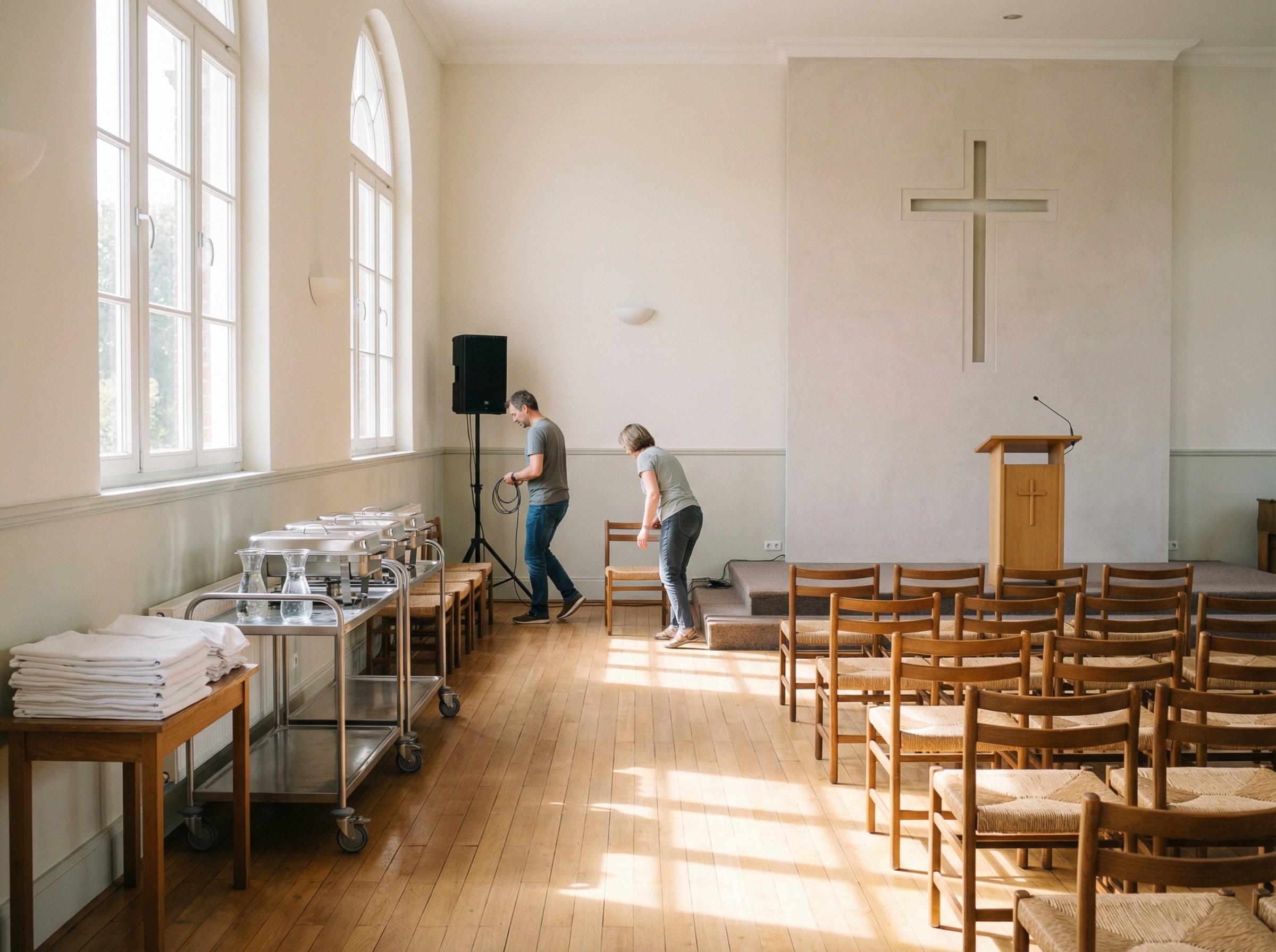 Ein heller Gemeindesaal ist für eine Veranstaltung vorbereitet: Stuhlreihen stehen geordnet, an der Seite wartet ein Servierwagen der Küche. Sonnenlicht fällt durch große Fenster, auf der Bühne ist ein schlichtes Rednerpult zu sehen. Ein Stapel sauber gefalteter Tischdecken liegt bereit.