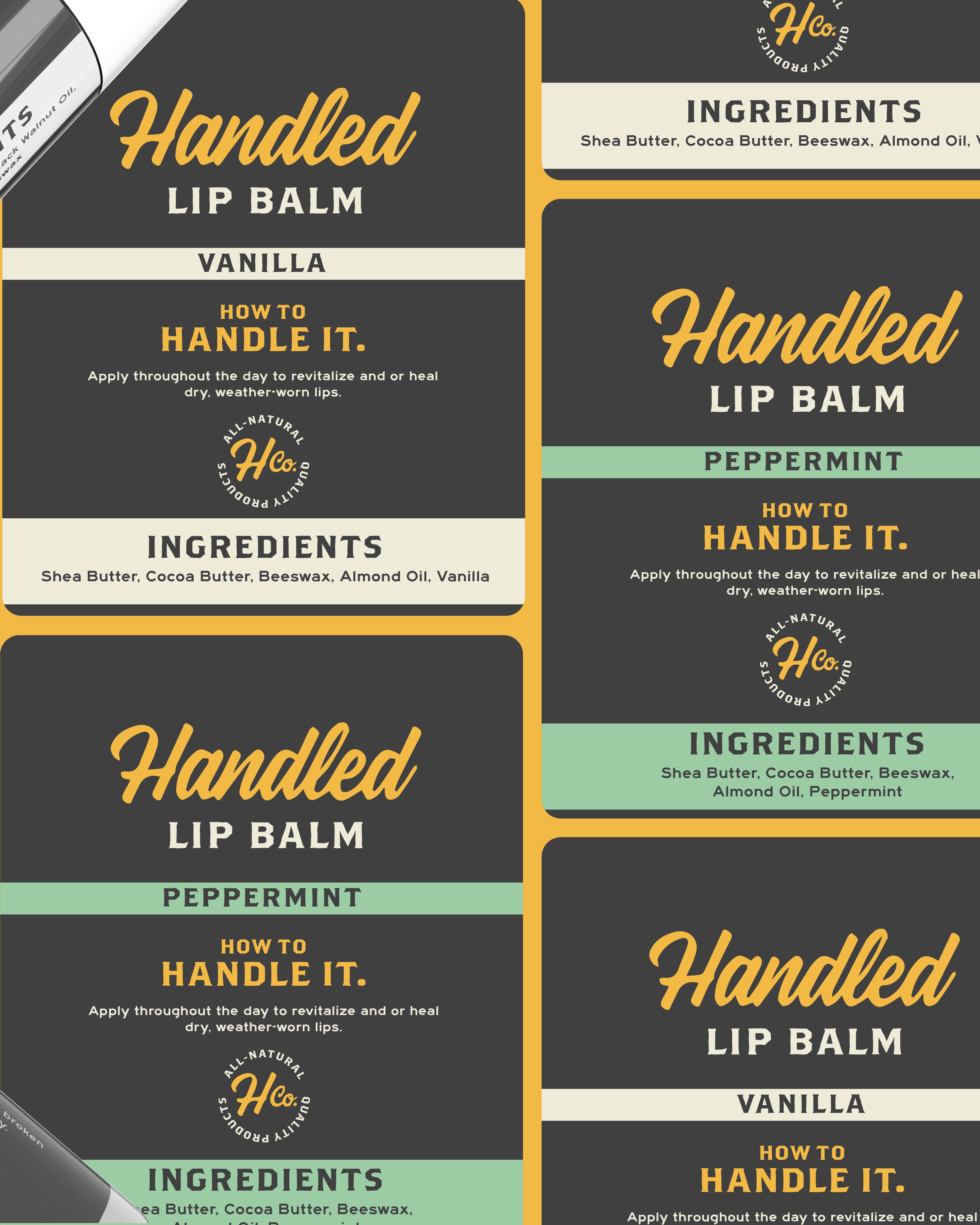 Handled Company lip balm packaging and ingredient label