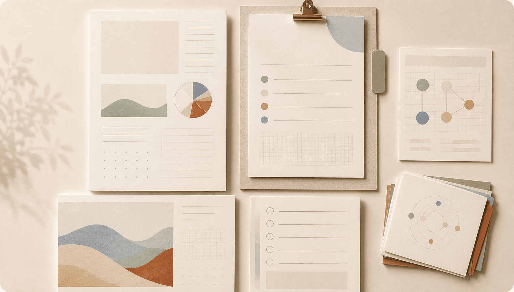 Curated arrangement of polished templates, reports, checklists, diagrams, and reference cards on a warm cream surface, representing organized and reusable resources.