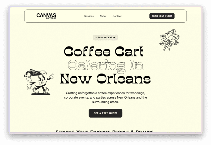 Canvas Coffee Co website hero section