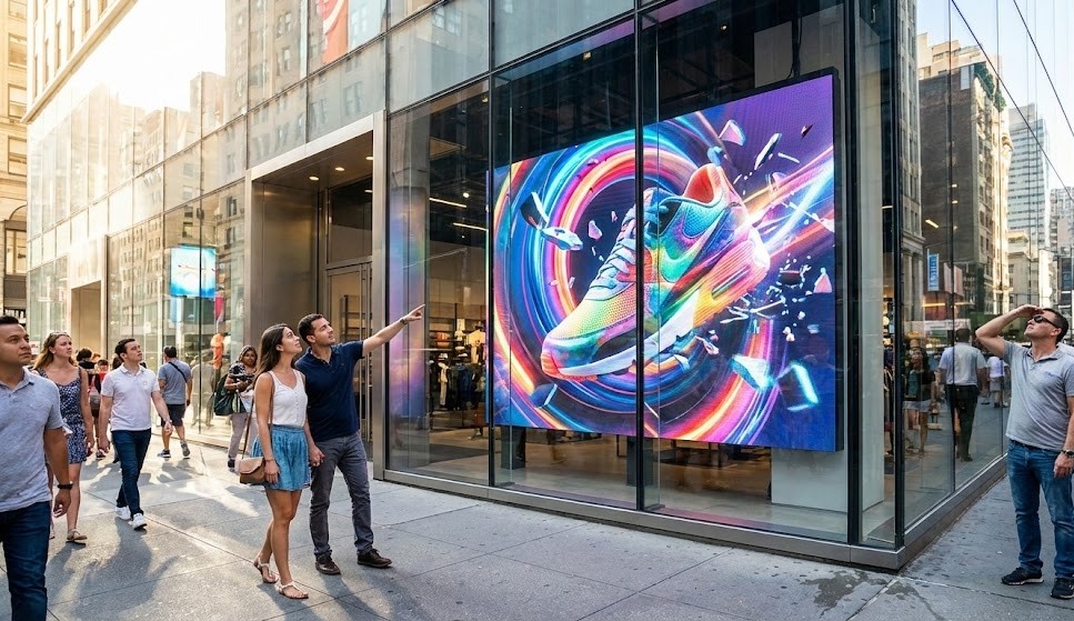 Uma fachada de loja com uma enorme vitrine de LED exibindo uma animação 3D colorida de um tênis. Vários pedestres na calçada observam e apontam para a tela. A foto é diurna e a rua está movimentada.
