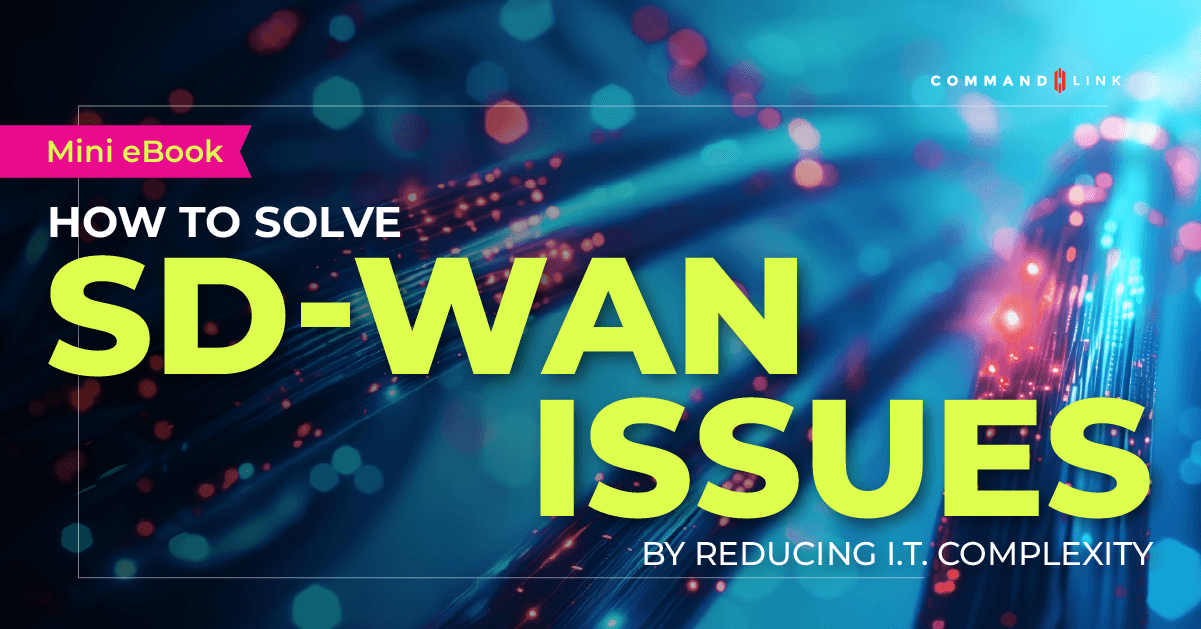 CommandLink mini eBook cover titled ‘Enterprise SD-WAN: DIY or All-in-One Platform?’ with vibrant digital network background representing data flow and connectivity.