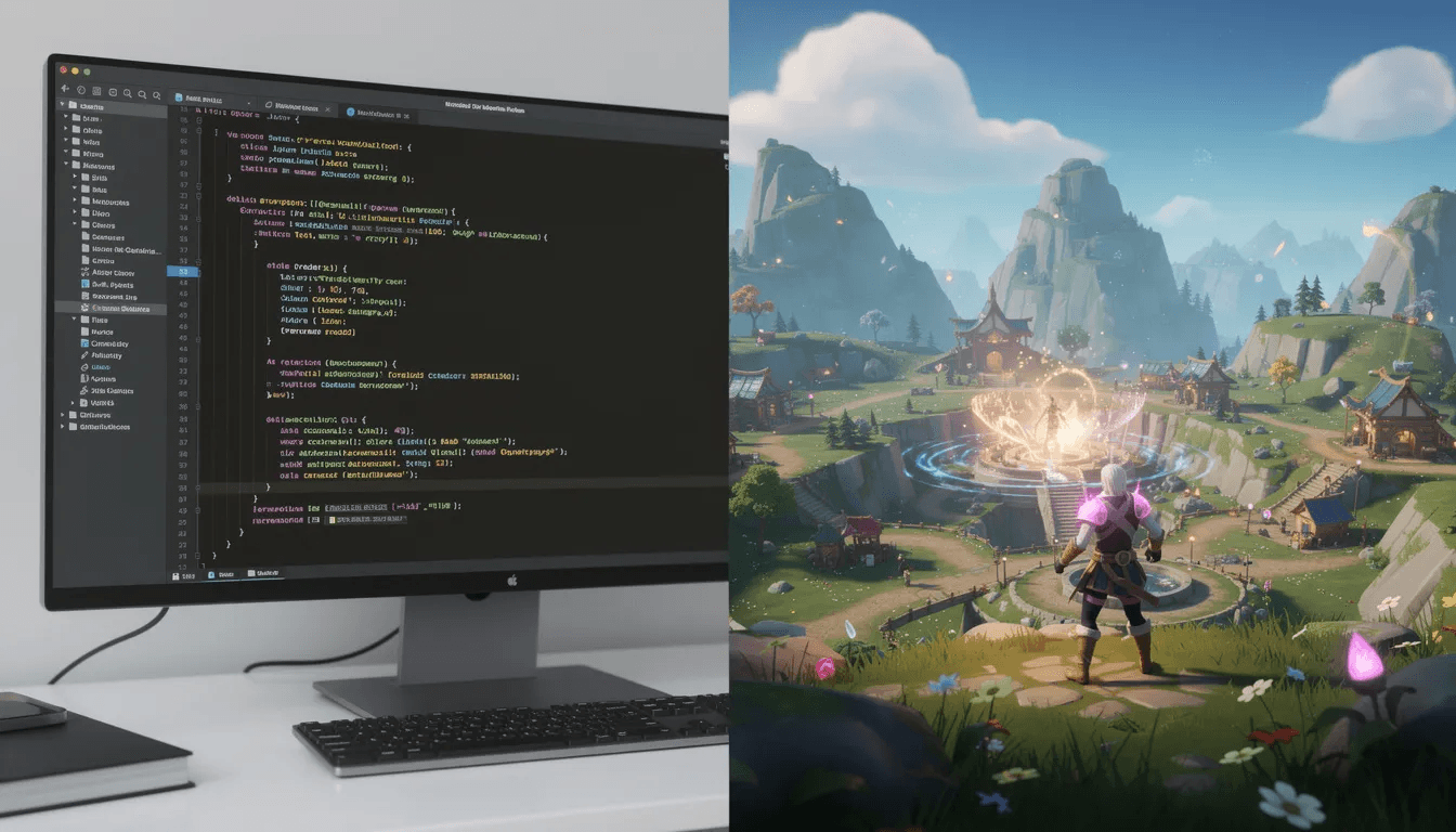 The image features a split view: on one side, a code editor displaying lines of programming code, and on the other, a vibrant 3D game world filled with colorful graphics and engaging gameplay elements. This setup illustrates the process of game development, showcasing how both coding and creative design come together to create fun and interactive experiences for users.