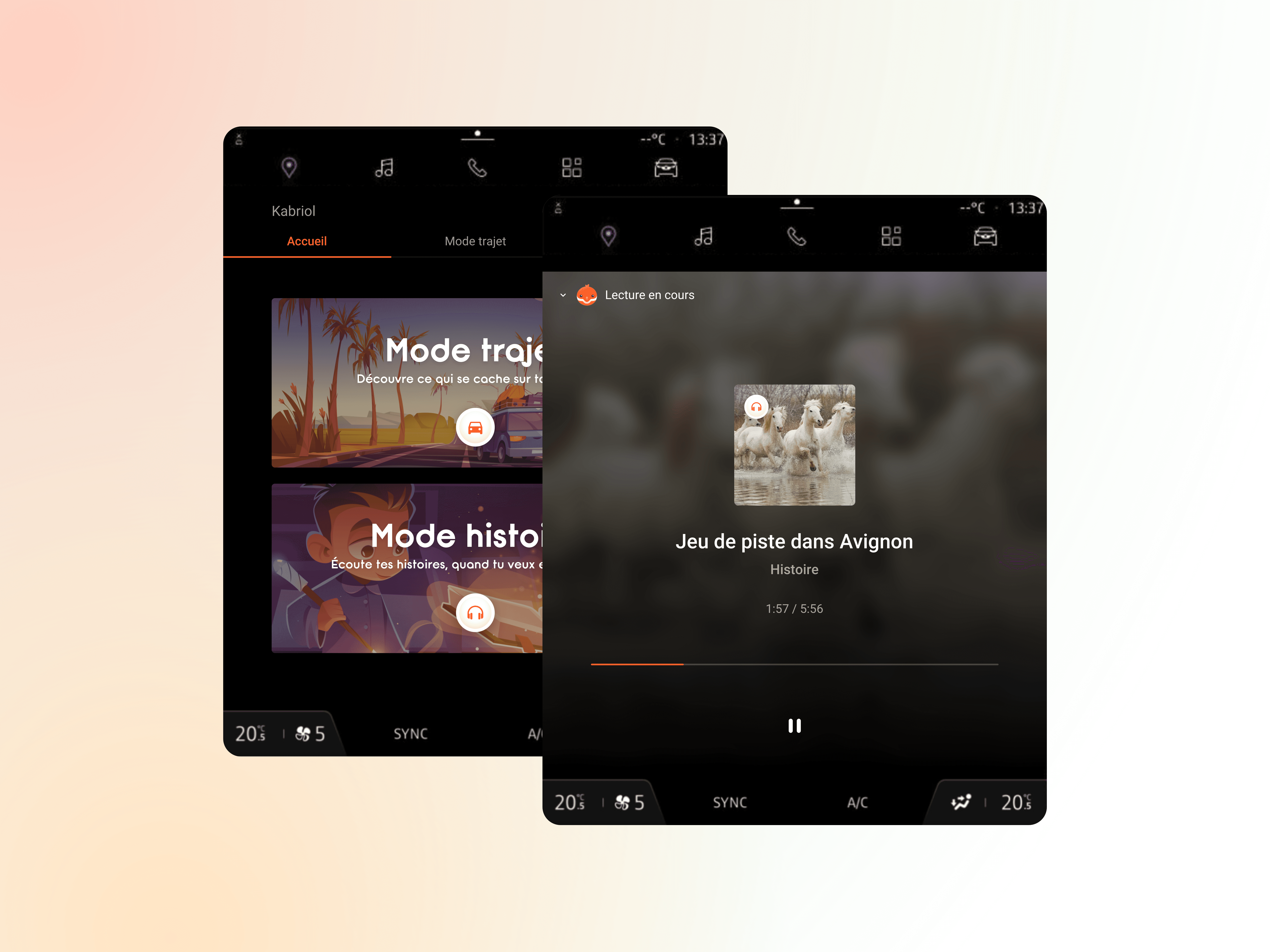 Deux écrans de l’application Kabriol affichés sur le tableau de bord de voiture avec l’accueil et la lecture audio en cours.