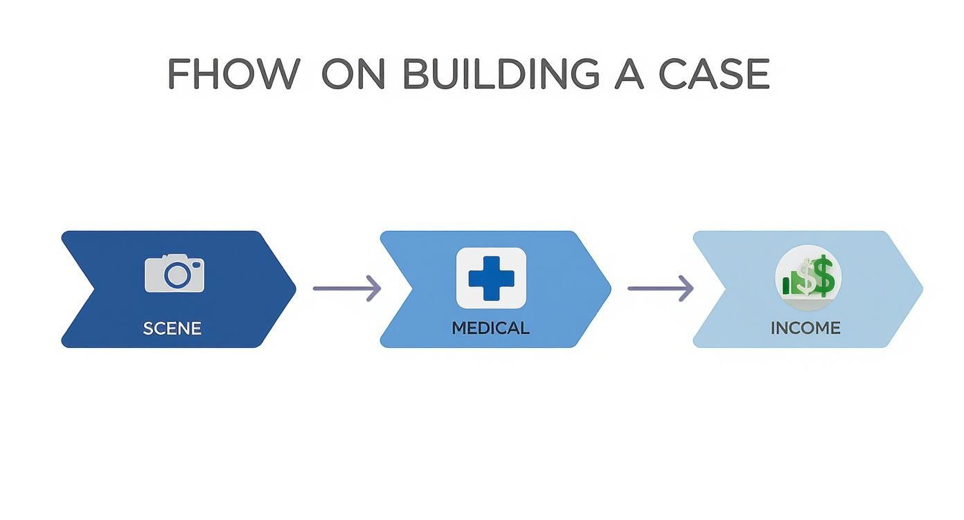 Flowchart depicting the process of building a case, including scene investigation, medical evaluation, and income assessment.