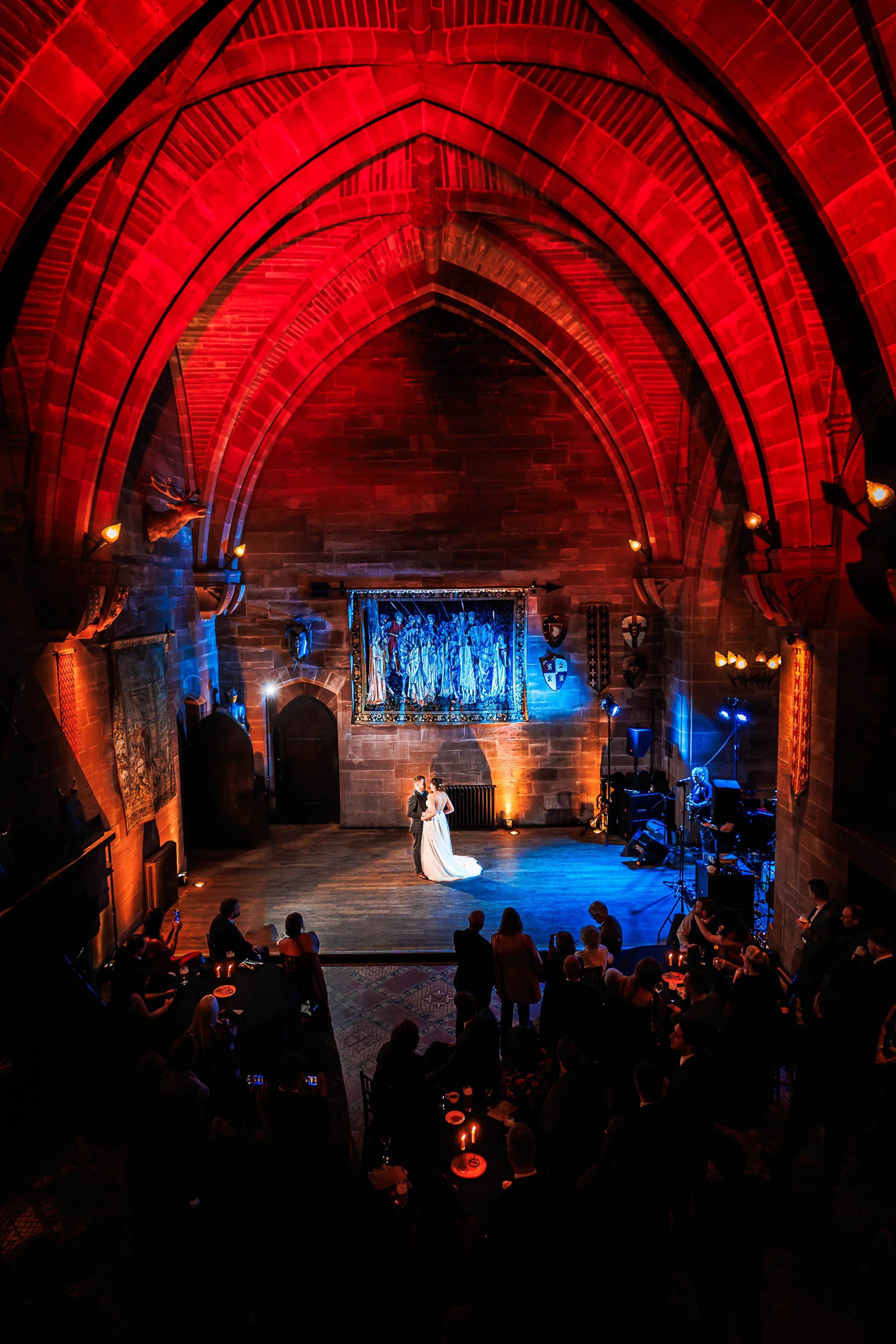 A first dance photographed from above at Peckforton Castle